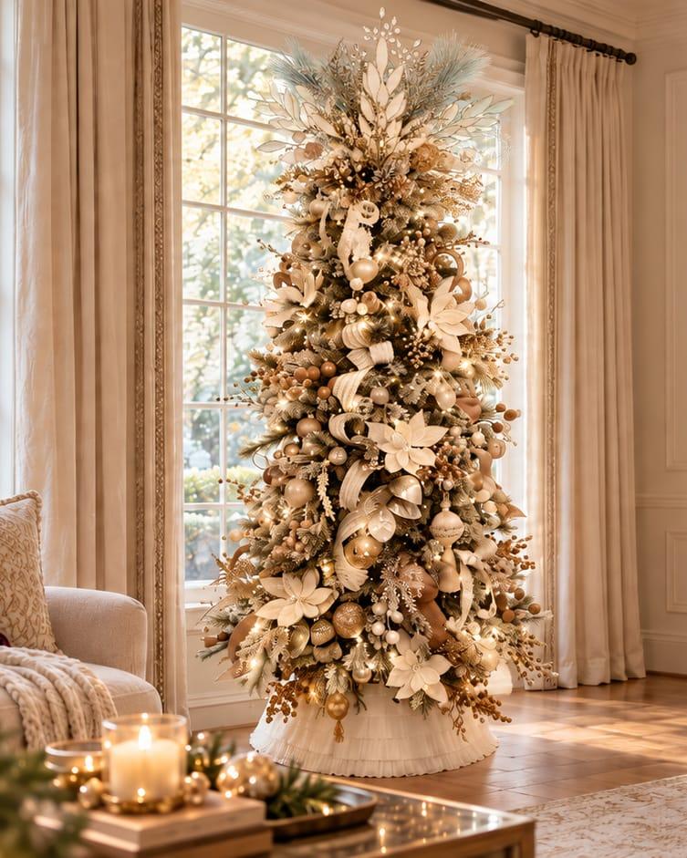 A champagne and ivory Christmas tree beside tall windows in a sunlit living room