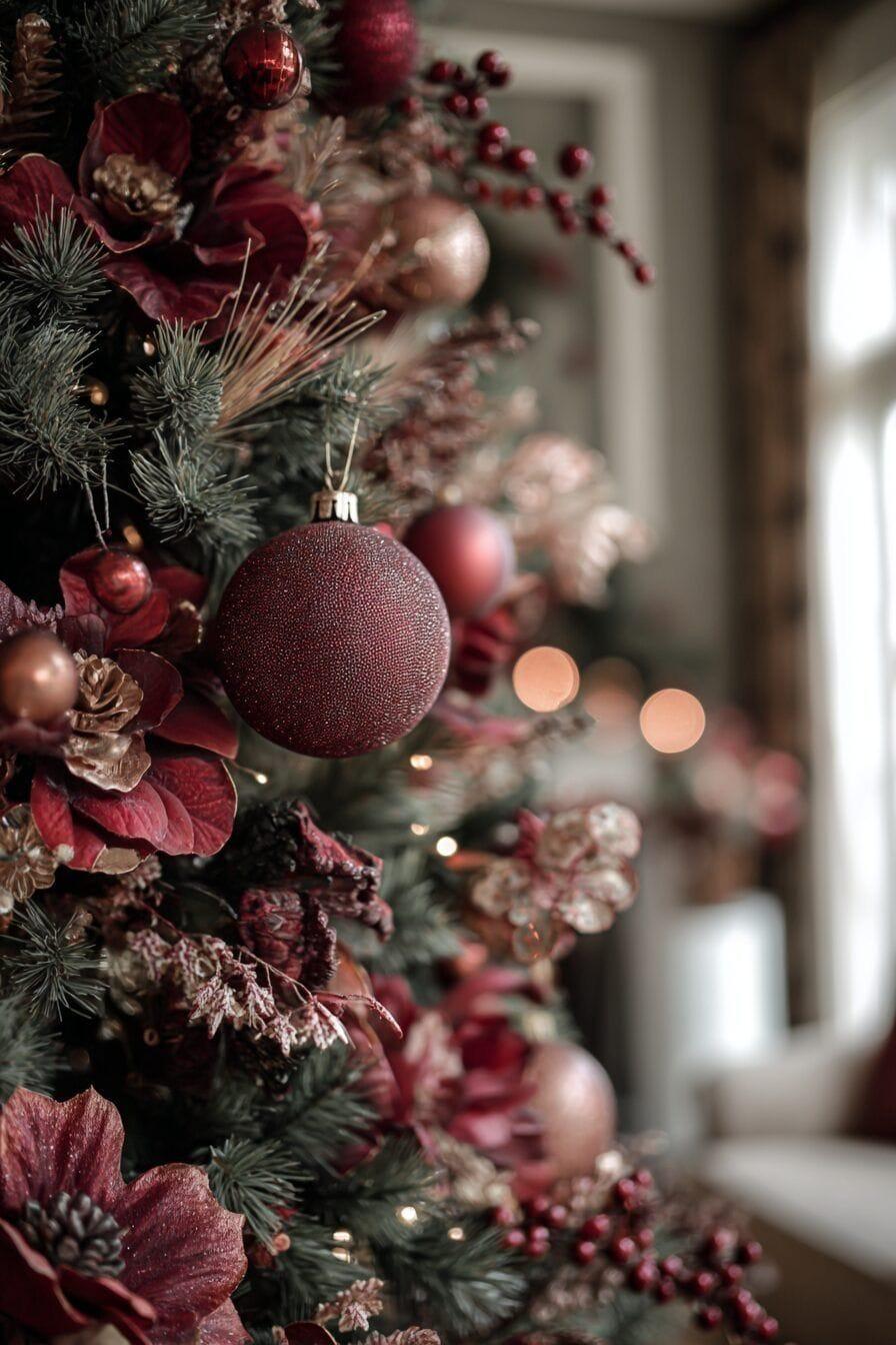 Burgundy and Berries palette: deep wine ornaments, burgundy blooms and berry sprays on a green tree