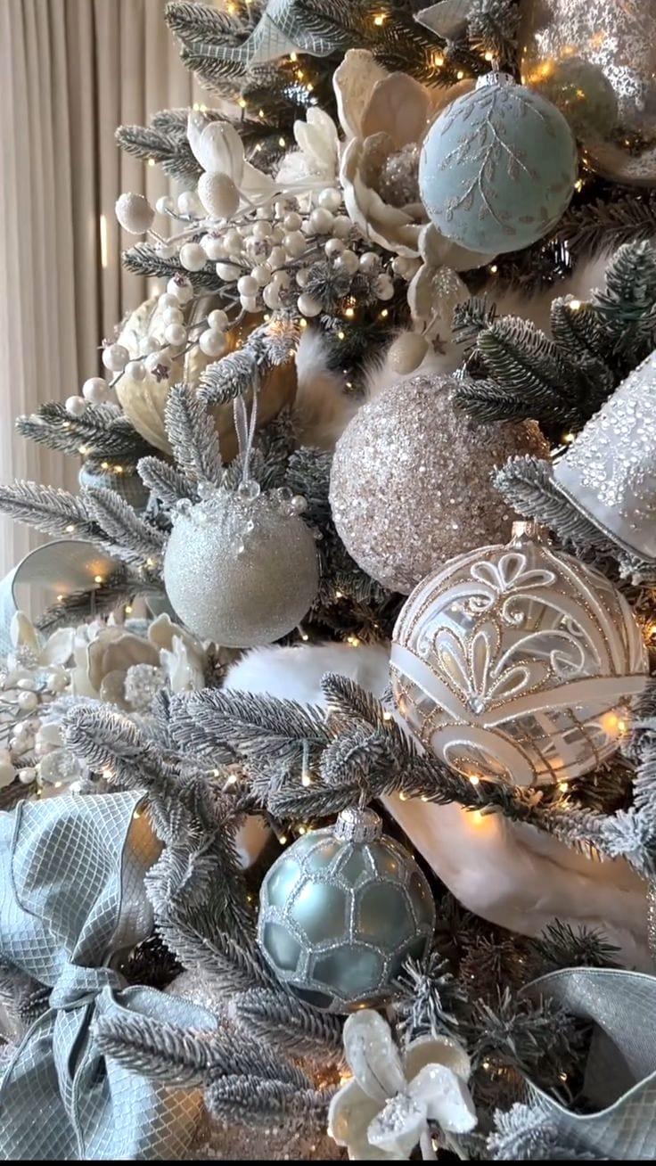 Winter Crystal palette: icy blue, silver and white ornaments on frosted branches